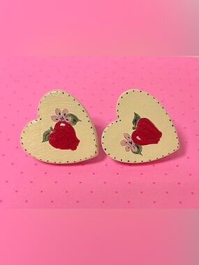 90s Vintage Hand-Painted Apple; Cream Heart Earrings- Gently used